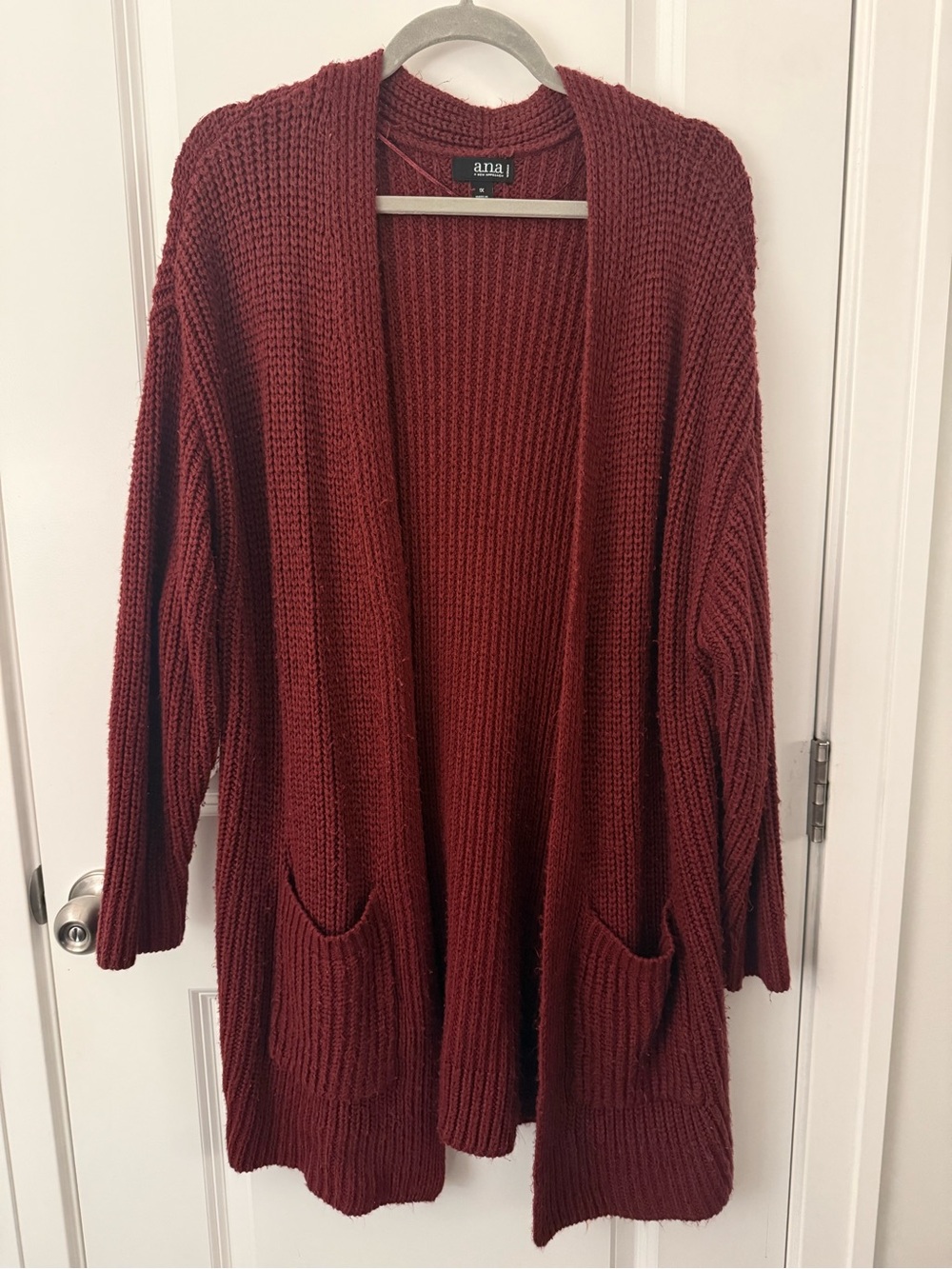 a.n.a Burgundy Open-Front Pocket Knit Long Cardigan